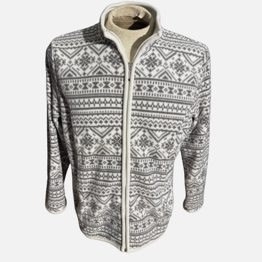 NWT Karen Scott Sport Snowflake Zeroproof Fleece Zip Jacket, Large, White & Grey